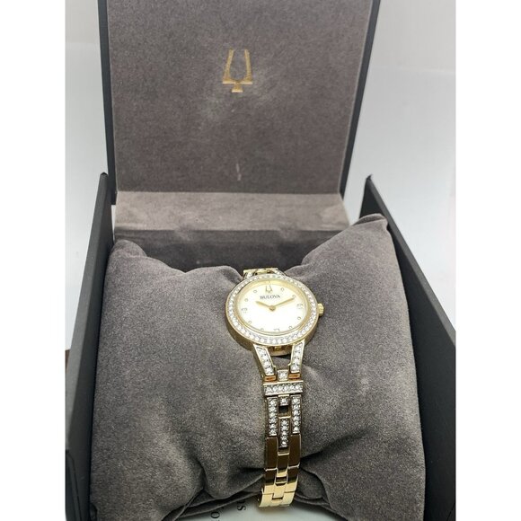 Bulova Women's Watch 98L325 Mother of Pearl Dial Gemmed Gold Steel 25mm - Picture 3 of 14